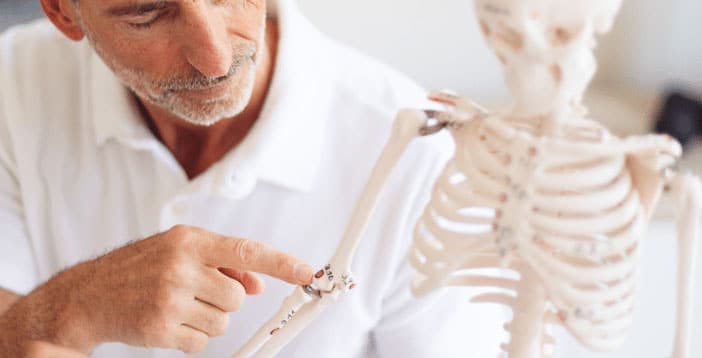 Roland Liebscher-Bracht zeigt auf einen rot markierten Punkt am Ellenbogen eines Skeletts.
