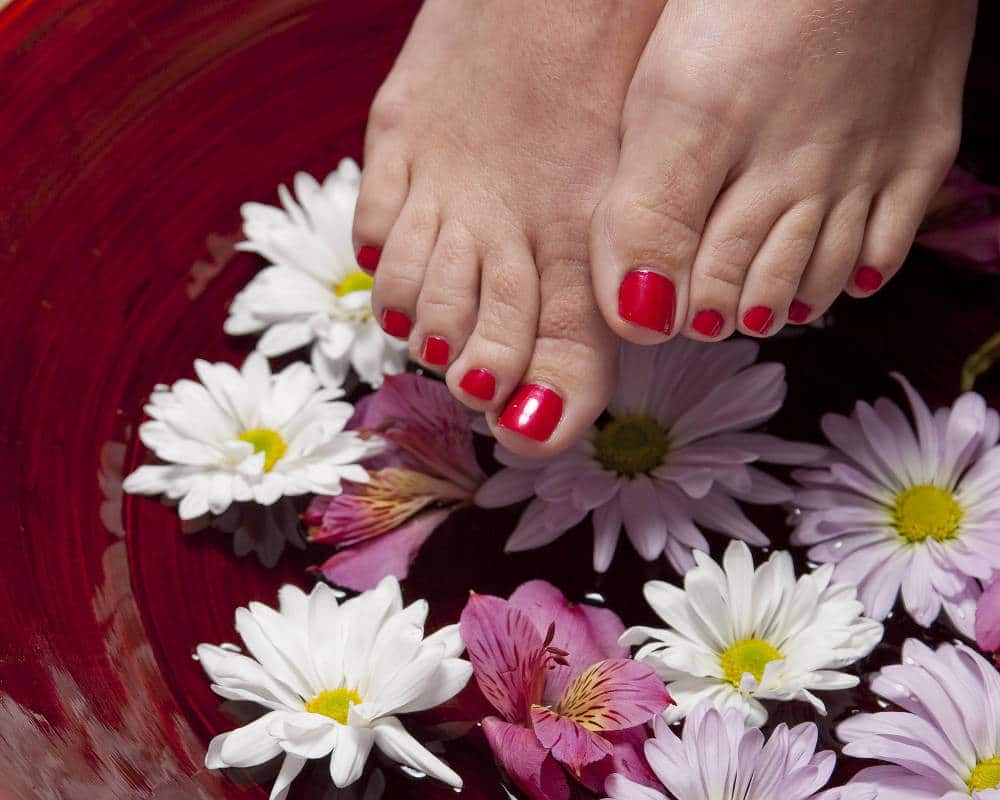 Feet above flowers, with the toe nails painted red.