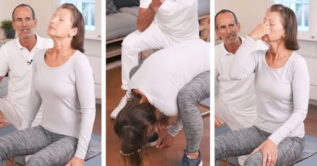 A woman performing a sequence of exercises to help her diaphragm.