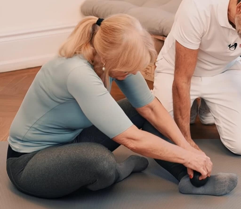 A woman sits on the floor with her legs slightly bent. She massages the sole of her left foot with a mini foam ball. A man sits next to her and helps her with the exercise.