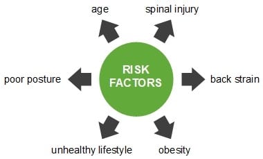 A graph depicts six risk factors, i.e. age, spinal injury, back strain, obesity, unhealthy lifestyle and poor posture.