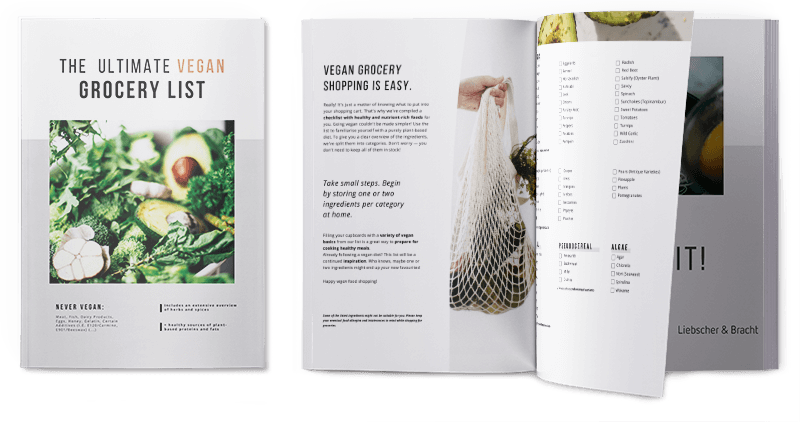 A preview of the Liebscher & Brach vegan grocery list together with the front page.