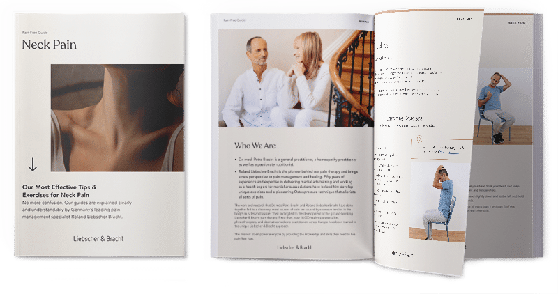 A preview of the Liebscher & Bracht's guide against neck pain with the front page on the left side.