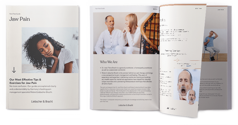 A preview of the Liebscher & Bracht's guide against jaw pain with the front page on the left side.