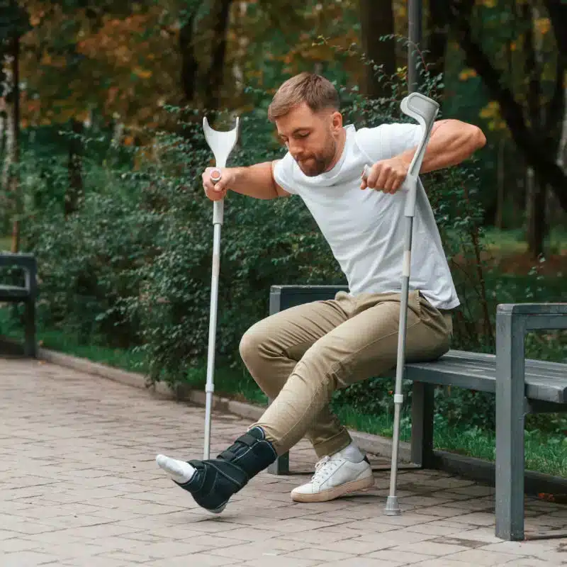 A man with crutches is sitting on a bench. His right leg is in a cast.