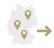 Landkarte von Deutschland mit 3 goldenen Location-Markierungen. Daneben zeigt ein goldener Pfeil nach rechts.