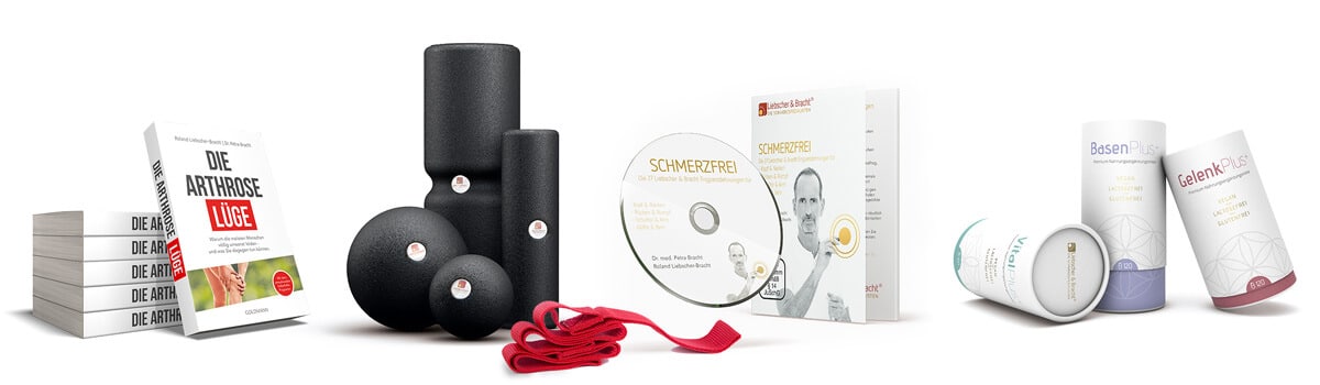 Verschiedene Liebscher & Bracht Produkte sind abgebildet: Das Buch "Die Arthrose-Lüge", das Faszienrollmassageset mit Schlaufe, eine DVD und Nahrungsergänzungsmittel.