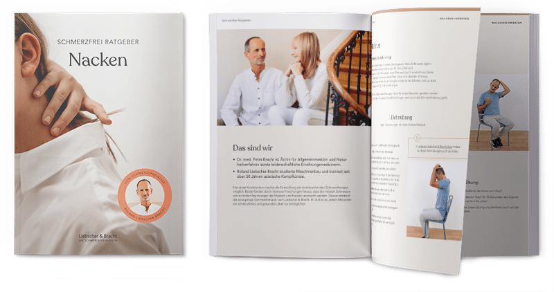 Ratgeber NackRatgeber Nackenschmerzen von Roland Liebscher-Bracht im Flyerformat. Zu sehen sind Titelseite und der aufgeschlagene Ratgeber.enschmerzen von Roland Liebscher-Bracht