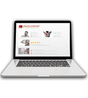 Ein Laptop, auf dessen Bildschirm der online Auftritt von Liebscher & Bracht zu sehen ist.