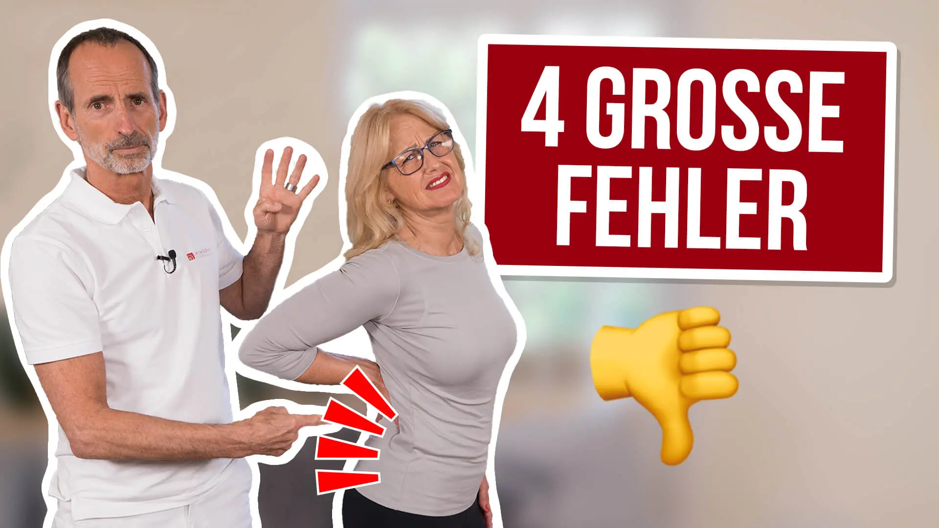 Im Vordergrund stehen Roland Liebscher-Bracht und eine Frau, die sich mit schmerzverzerrtem Gesicht an den unteren Rücken fasst. Ganz groß steht auf dem Bild: Vier große Fehler.