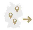 Landkarte von Deutschland mit 3 goldenen Location-Markierungen. Daneben zeigt ein goldener Pfeil nach rechts.