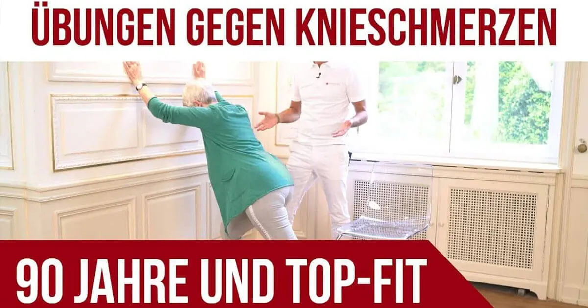 Vorschaubild mit obigem Text "Übungen gegen Knieschmerzen", dabei ist ein ältere Frau zu sehen, die sich gegen eine weiße, alte Wand stützt und ein Mann dazu anscheinend was erklärt. Im unteren Text steht "90 Jahre und Top-Fit".