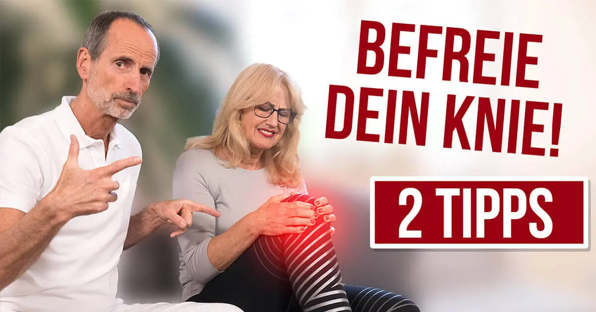 Vorschaubild: Roland zeigt auf Ina`s Knie, welches rot hervorgehoben ist und sie dazu ein schmerzverzerrtes Gesicht macht. Dazu der Text rechts: "Befreie dein Knie - 2 Tipps"