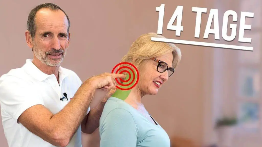 Roland Liebscher Bracht berührt mit den Zeigefingern die Nackenpartie einer Frau, die das Gesicht vor Schmerz verzieht. Zur Betonung des Schmerzbereiches sind um den Nacken drei rote Kreise gezogen. Oben rechts steht "14 Tage".