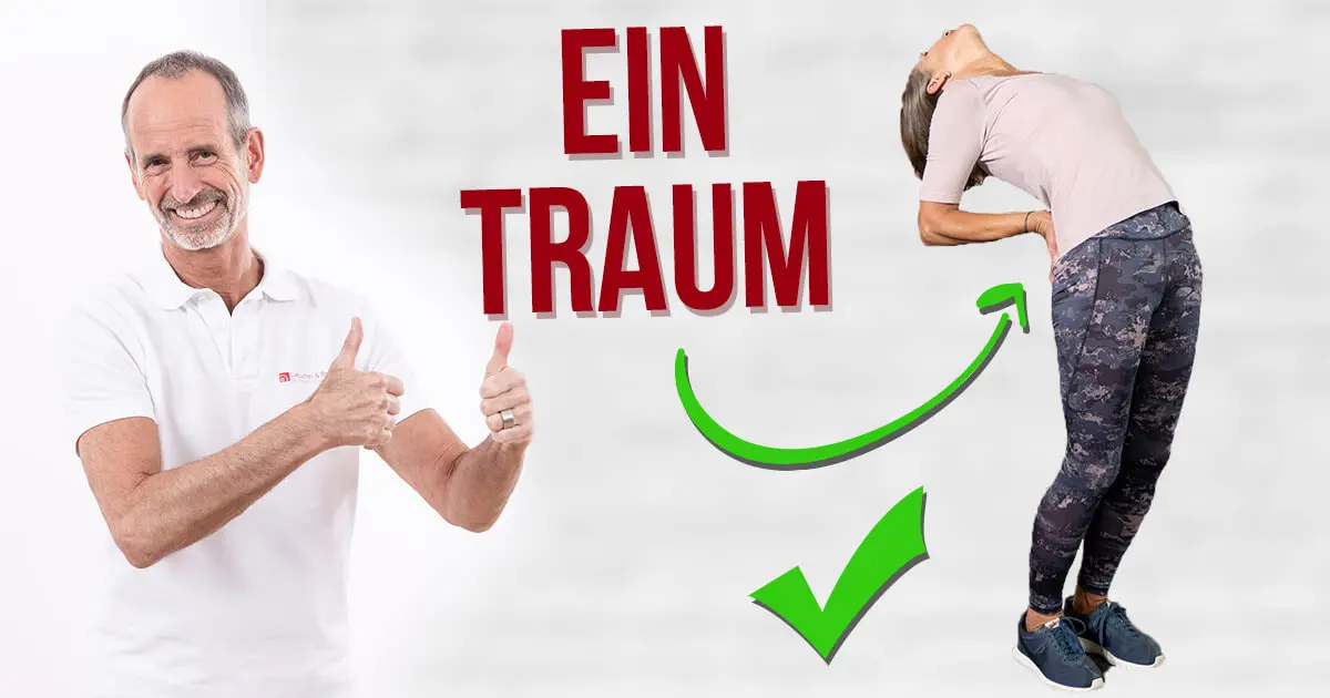 Auf der linken Seite des Bildes ist Roland Liebscher-Bracht lächelnd mit nach oben gestreckten Daumen zu sehen. In der Mitte steht "Ein Traum" und ein Pfeil deutet auf eine Frau auf der rechten Seite, die sich stehend mit den Händen am unteren Rücken abstützend nach hinten lehnt.
