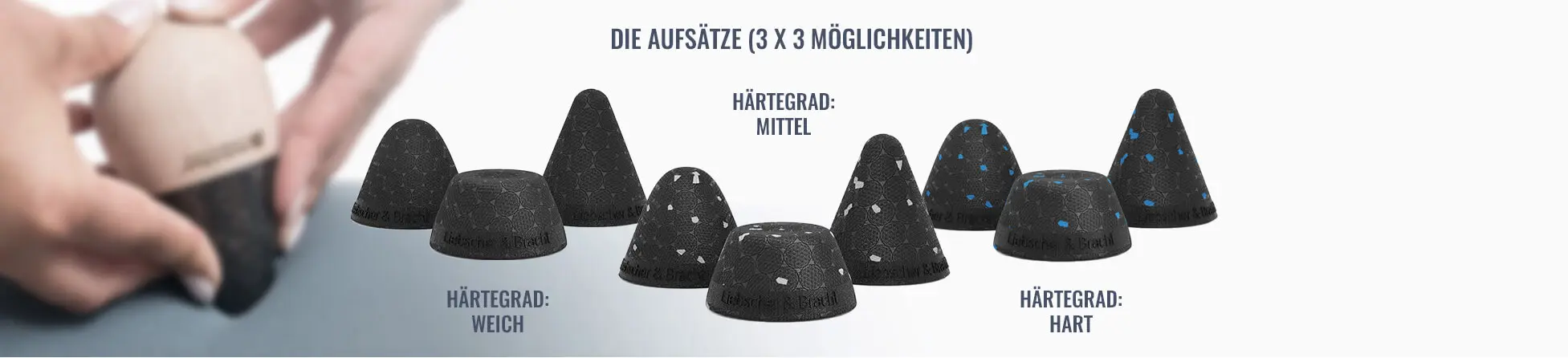 Ein Banner der Aufsätze mit links beispielhaft "Drücker" im Einsatz. Rechts davon bildlich und sprachlich die Aufsätze (3x3 Möglichkeiten) - Härtegrad: Weich / Härtegrad: Mittel / Härtegrad: Hart