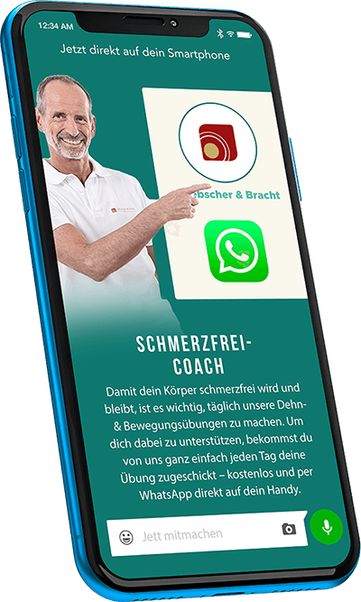 Auf einem Mobiltelefon ist die Anmeldemaske zum WhatsApp Newsletter (Schmerzfrei-Coach) zu sehen.