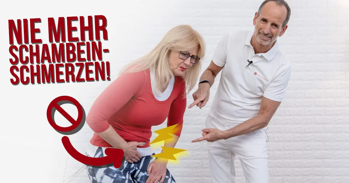 Roland Liebscher-Bracht steht neben einer Frau, die sich vor Schmerzen krümmt und mit einer Hand auf ihr Schambein drückt. Im Bild steht der Text: "Nie mehr Schambein-Schmerzen!"