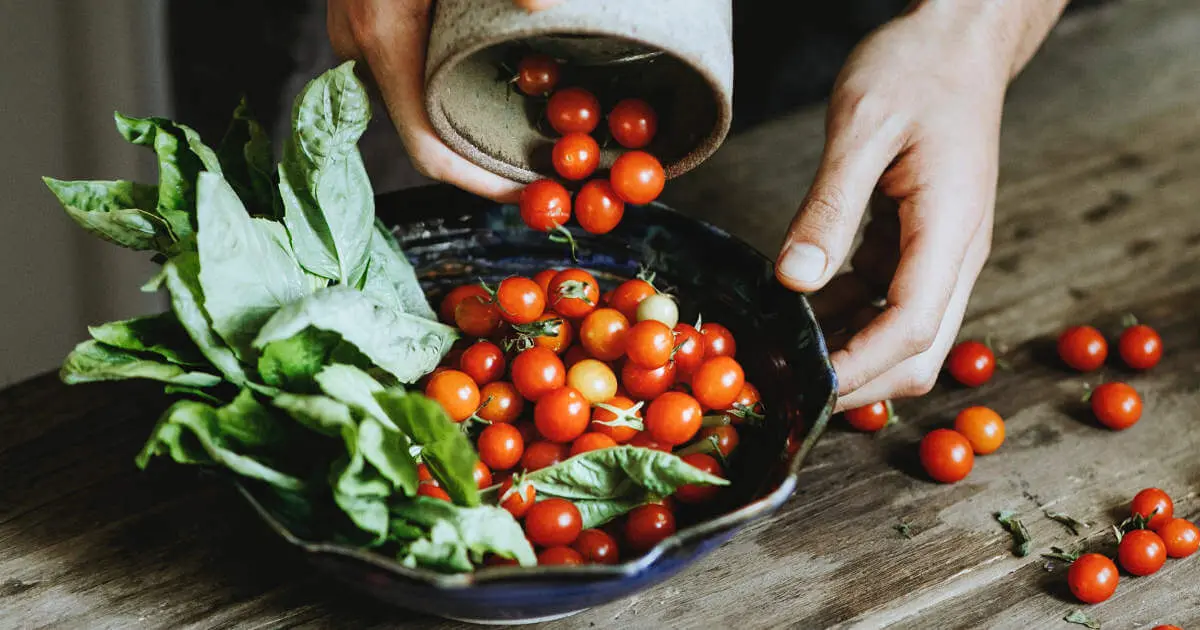 Ein großer Teller voll mit Grünzeug und Tomaten