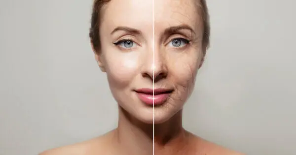 Ein Closeup von einem Gesicht einer Frau, das zur Hälfte jung und zur anderen Hälfte alt ist