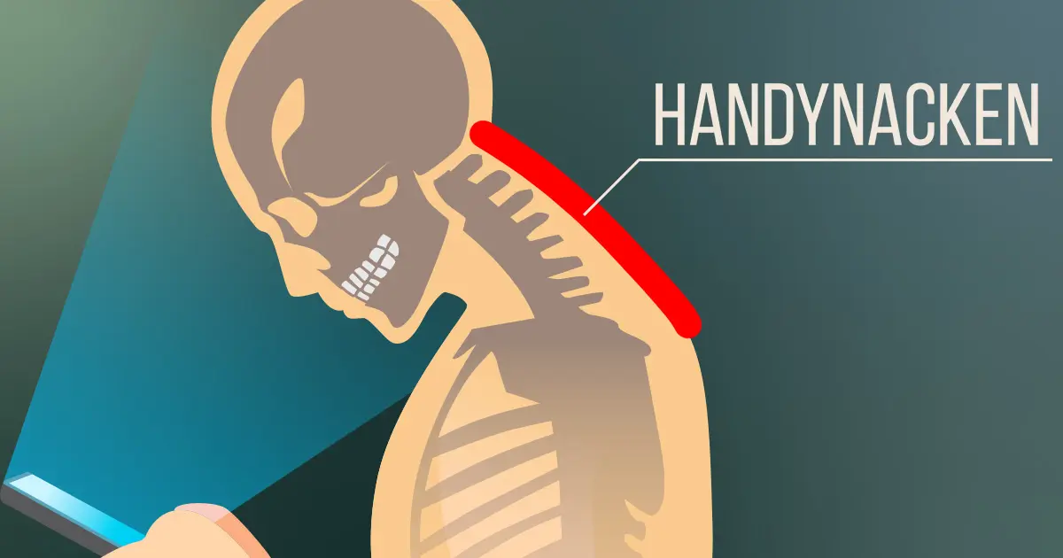 Eine Skelett-Grafik mit dem Handy in der Hand, der Nacken ist überstreckt.
