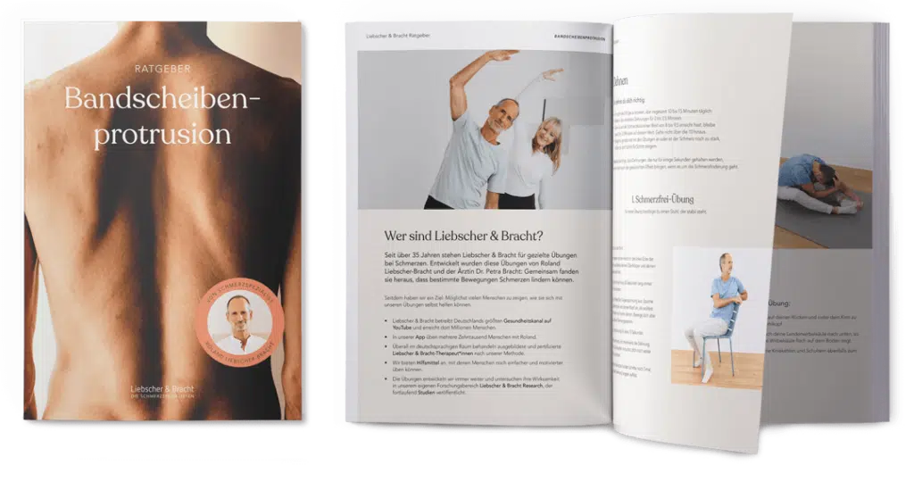 Schmerzfrei-Ratgeber von Liebscher & Bracht zum Thema Bandscheibenprotrusion mit Vorschau zu den Übungsbeschreibungen.