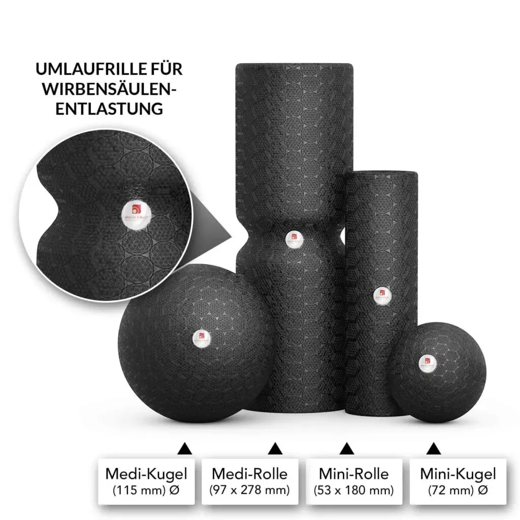 Zu sehen sind Faszienrollen und Faszienkugeln von Liebscher & Bracht mit den jeweiligen Größenangaben vor einem weißen Hintergrund