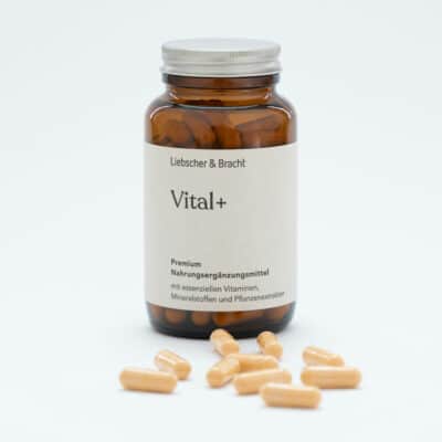 Zu sehen ist eine Braunglasflasche mit dem Nahrungsergänzungsmittel Vital+. Dahinter ein Pastellhintergrund mit dem Schriftzug Vital+.