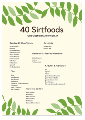 Auf einer Liste stehen Sirtfood-geeignete Lebensmittel, die unterteilt sind in Gemüse, Getreide, Obst usw.