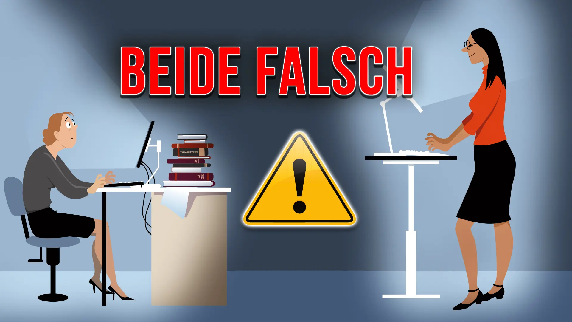 Zwei Grafiken von Frauen, die am Schreibtisch sitzen oder stehen.