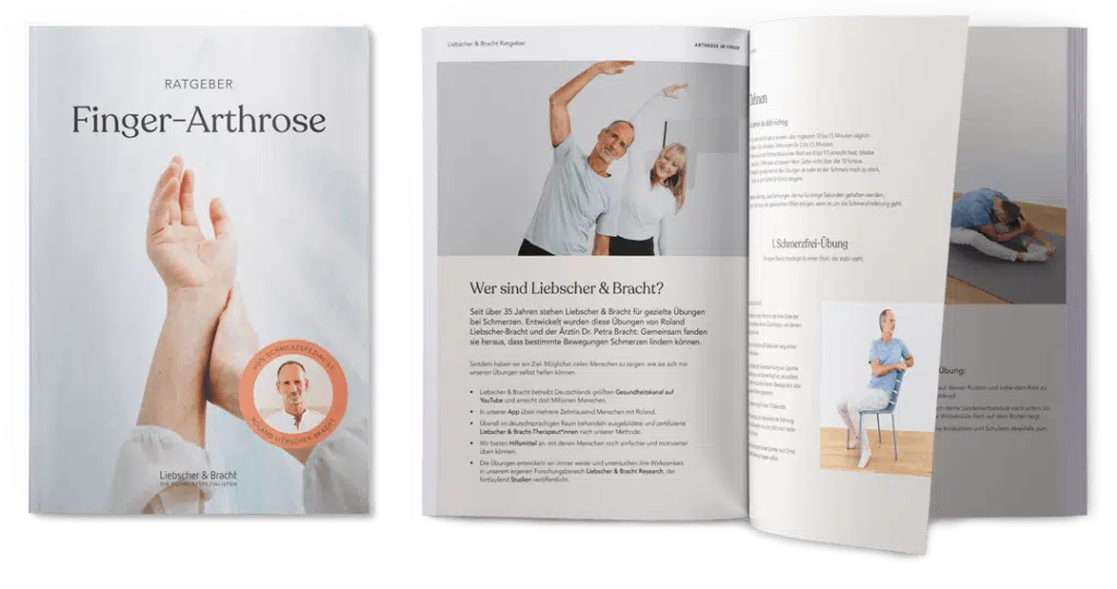 Schmerzfrei-Ratgeber zum Thema Finger-Arthrose von Liebscher & Bracht mit Vorschau zu Übungsbeschreibungen und Bilder-Anleitung.
