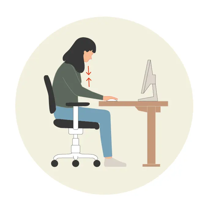 Die gezeichnete Grafik zeigt eine Frau, die in gebeugter Haltung vor dem Bildschirm sitzt. Im vorderen Körperbereich sind Pfeile eingezeichnet, die die Verkürzungen der Muskeln und Faszien dort verdeutlichen.