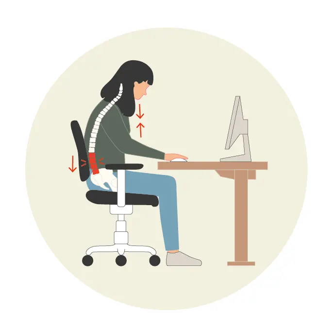 Die gezeichnete Grafik zeigt eine Frau, die in gebeugter Haltung vor dem Bildschirm sitzt. Am Rücken sowie dem vorderen Körperbereich verdeutlichen Pfeile die einander entgegengesetzten Zugspannungen, die auf die Wirbelsäule wirken.