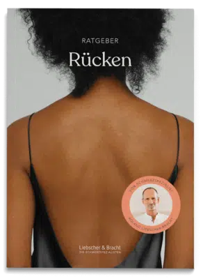 Schmerzfrei-Ratgeber von Liebscher & Bracht zum Thema Rückenschmerzen. Der Rücken einer Frau und ein Foto von Roland Liebscher-Bracht sind zu sehen.