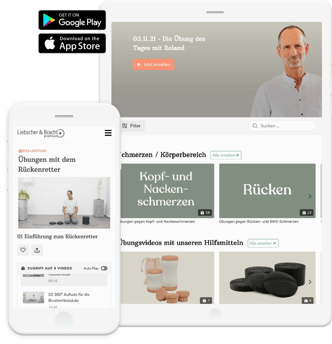 Eine Vorschau der Liebscher & Bracht App inklusive mobiler Ansicht.