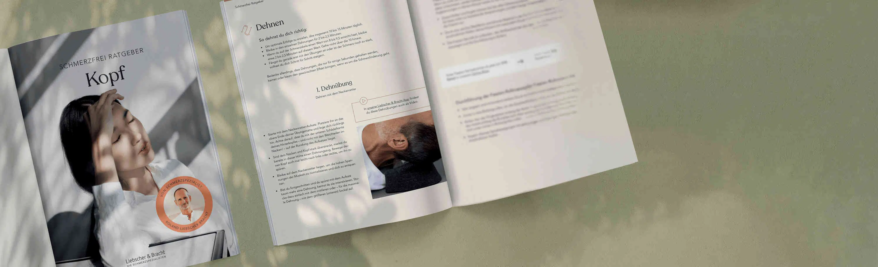 Der Ratgeber gegen Kopfschmerzen liegt aufgeschlagen auf einer grünen Fläche.