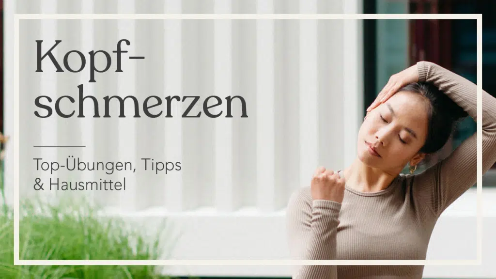 Eine Frau dehnt ihre seitliche Nackenmuskulatur. Es handelt sich um eine „Kopfschmerzen: Top-Übungen, Tipps und Hausmittel", wie dort geschrieben steht.