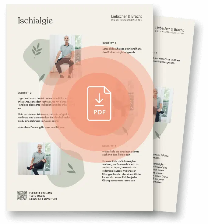 Zwei Seiten liegen übereinander. Darauf sieht man eine Übungsanleitung von Roland Liebscher-Bracht. Der Titel lautet: Ischialgie.