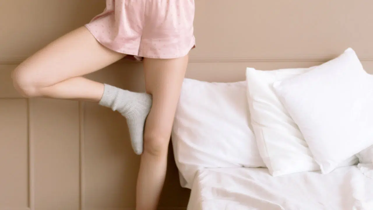 Links neben einem Bett mit weißen Laken steht eine Person. Sie trägt einen kurzen Pyjama, sodass man ihre Beine sehen kann. Sie macht eine Übung und steht auf ihrem linken Bein. Das rechte Bein ist im Knie angewinkelt. An den Füßen trägt sie graue Socken.