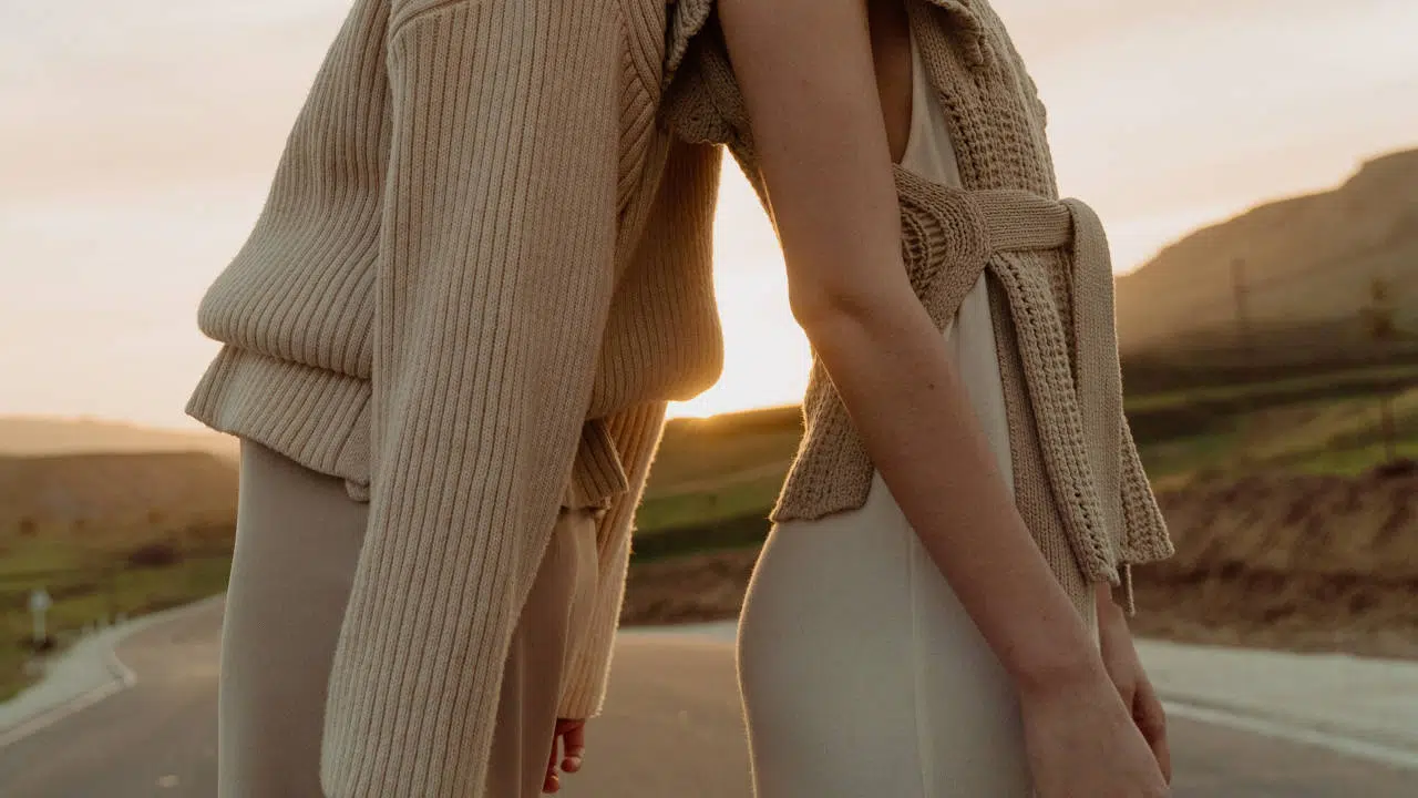 Zwei Frauen stehen Rücken an Rücken zueinander. Durch das starke Hohlkreuz der einen Frau bildet sich eine Lücke und man kann den Sonnenaufgang im Hintergrund erkennen.