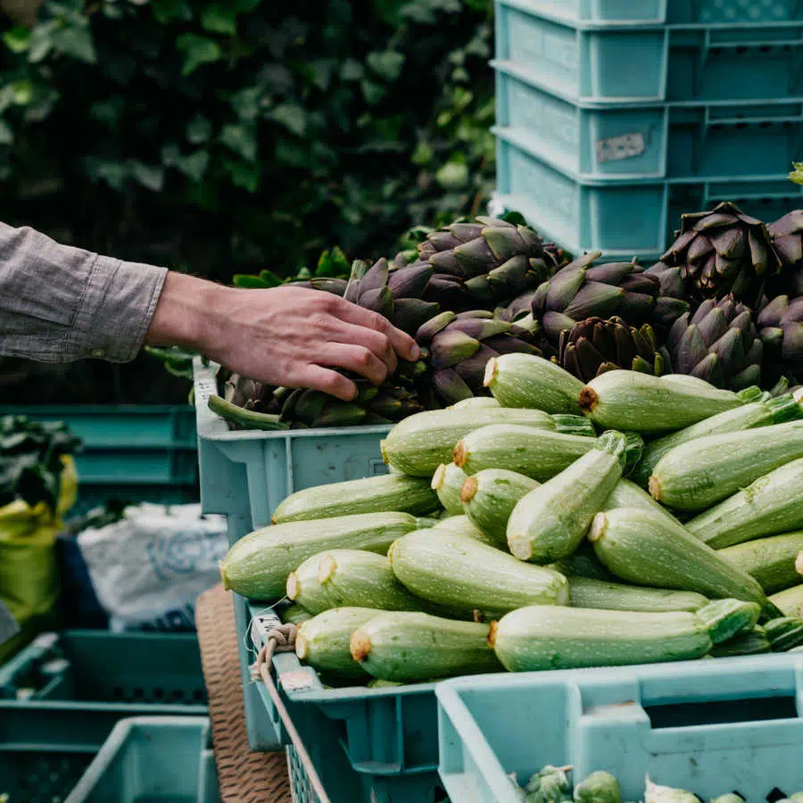 Eine Hand greift an einem Marktstand nach Artischocken. Davor steht eine Kiste voll mit hellgrünen Zucchini.