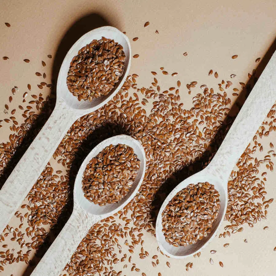 Auf drei Holzlöffeln sind geschrotete Leinsamen. Und auch auf dem Tisch verteilt liegen weitere geschrotete Leinsamen verteilt.