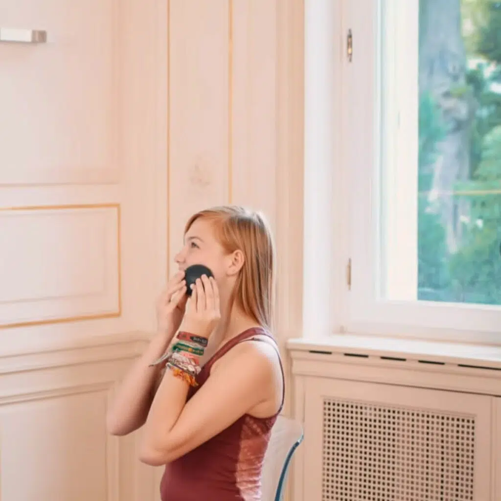 Eine Person sitzt auf einem Stuhl und hat mit beiden Händen die Mini-Kugel gepackt. Damit rollt sie über ihre linke Wange.