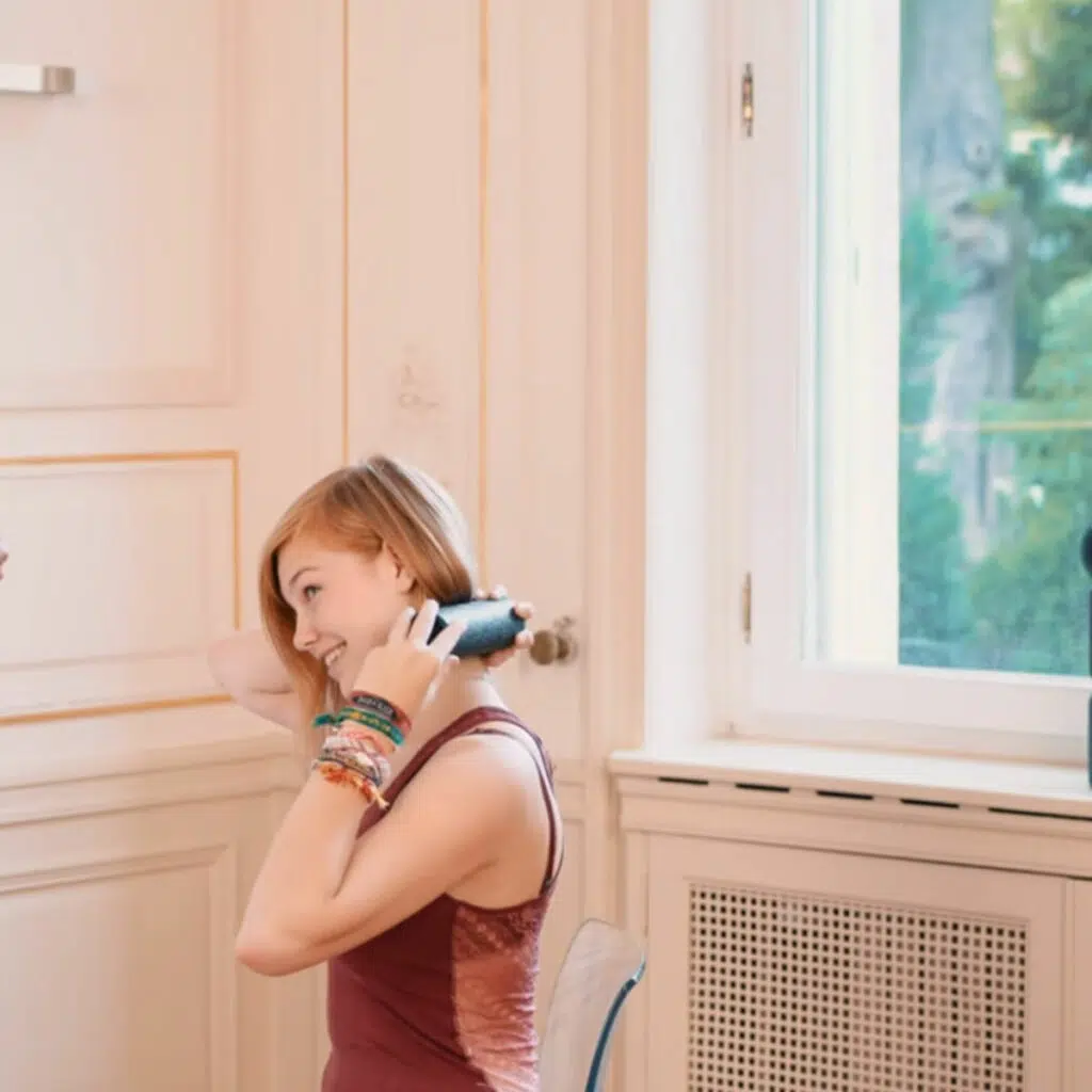 Eine Person sitzt auf einem Stuhl und hält mit beiden Händen die Mini-Rolle. Damit rollt sie an ihrem Nacken auf der linken Seite. Den Kopf neigt sie dafür etwas nach rechts.