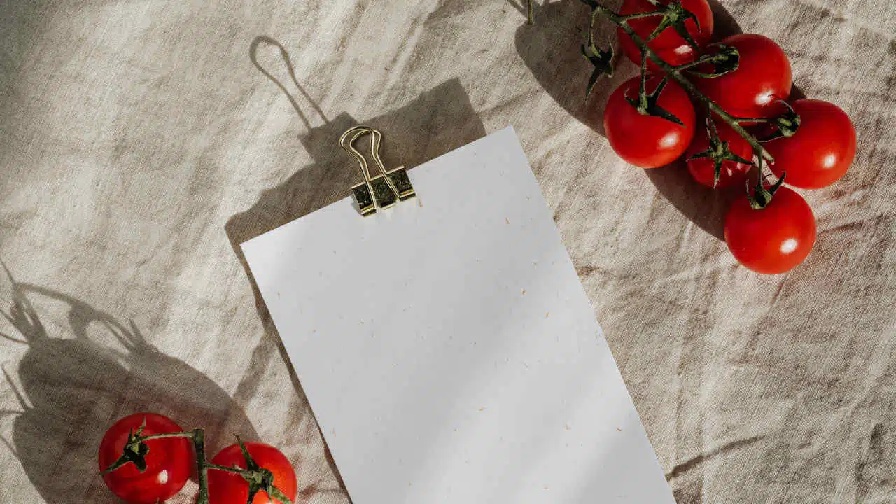 Weiße Blätter liegen auf einem beigen Tischtuch. Daneben liegen jeweils rote Tomaten an ihrem Strauch.