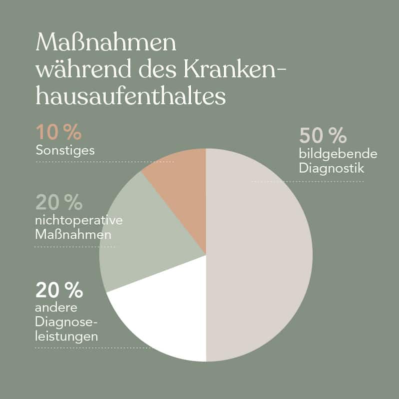 Tortendiagramm mit Verteilung Behandlungsart im Krankenhaus bei unspezifischen Rückenschmerzen. 50% bildgebende Diagnostik, 20% andere Diagnostikleistungen, 20% nichtoperative Maßnahmen, 10% Sonstiges.