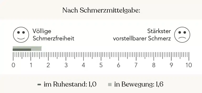 Infografik Schmerzskala mit Schmerzmittel, zunehmender Schmerz von 0 bis 10, Wert im Ruhezustand bei 1,0 und in Bewegung bei 1,6