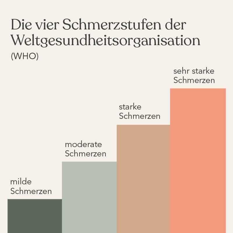 Graphik zu den vier Schmerzstufen der Weltgesundheitsorganisation (WHO): mild, moderat, stark & sehr stark.