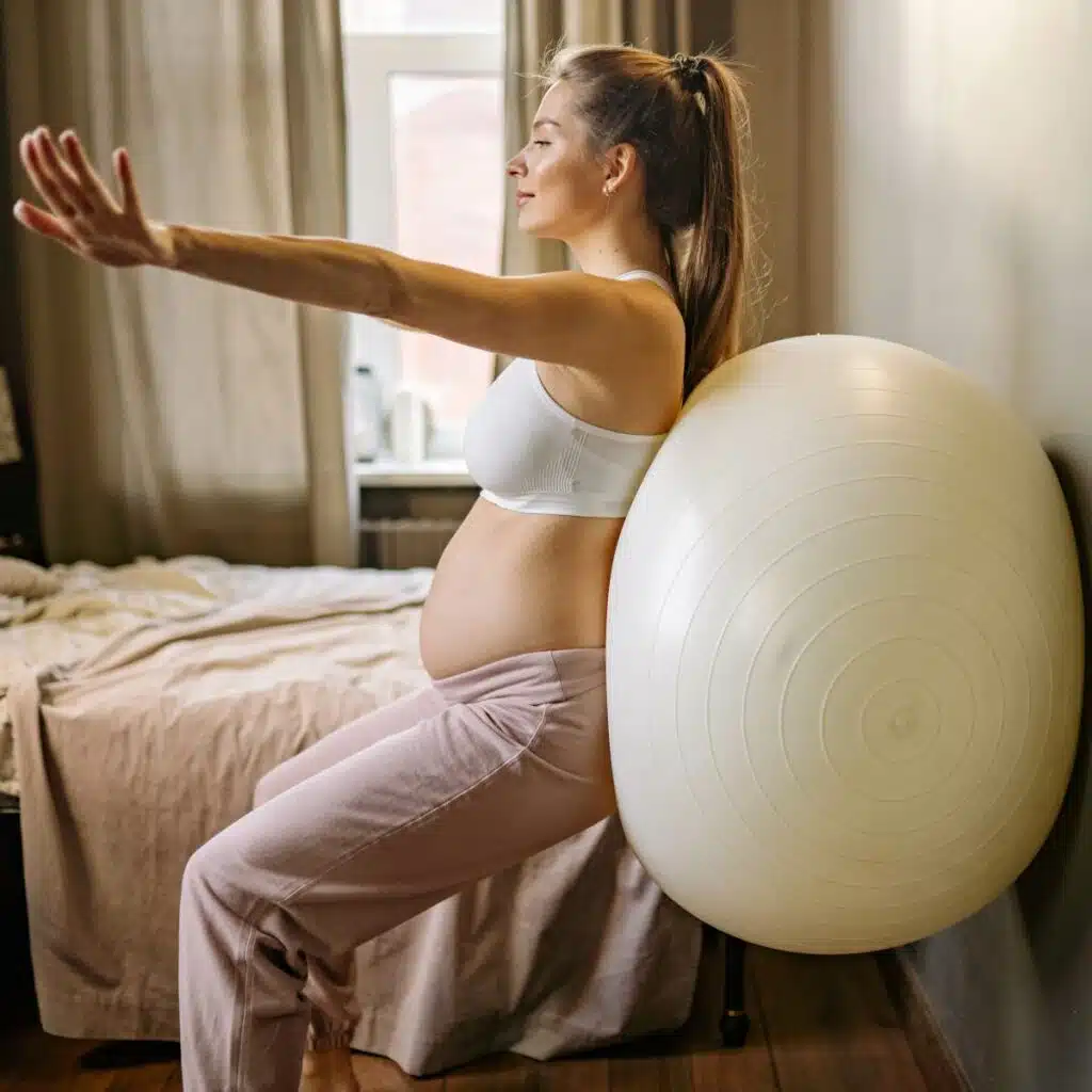 Eine Schwangere drückt einen Gymnastikball gegen die Wand und bewegt ihn hin und her.