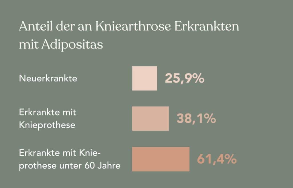 Anteil der an Kniearthrose Erkrankten mit Adipositas: Neuerkrankte 25%, Erkrankte mit Knieprothese 38,1%, Erkrankte mit Knieprothese unter 60 Jahre 61,4%